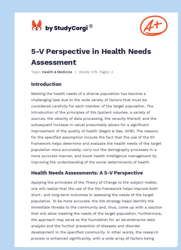 5-V Perspective in Health Needs Assessment. Page 1