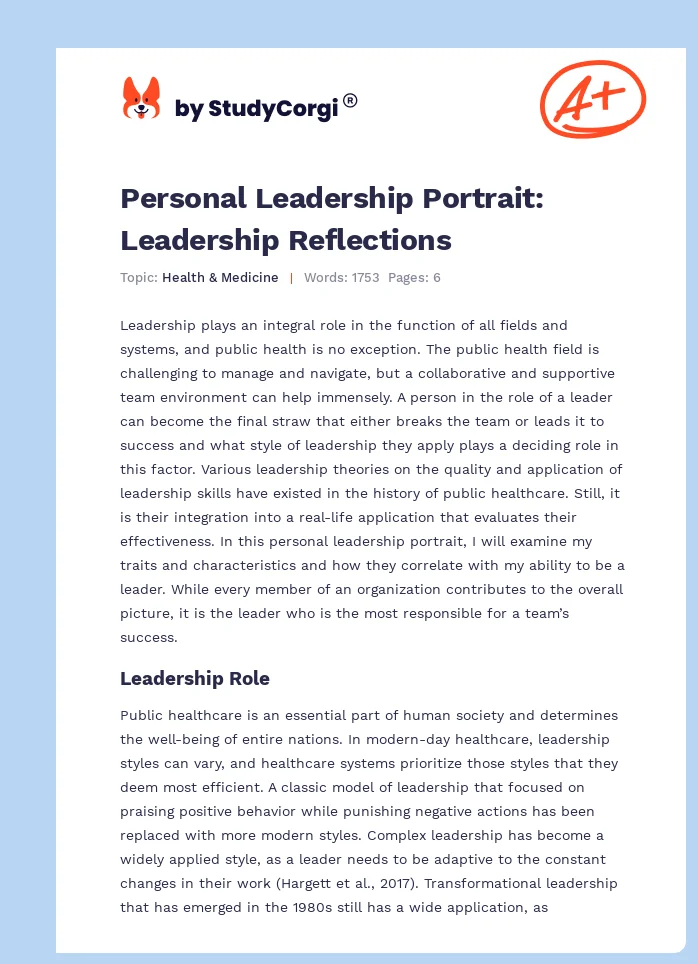 Personal Leadership Portrait: Leadership Reflections. Page 1
