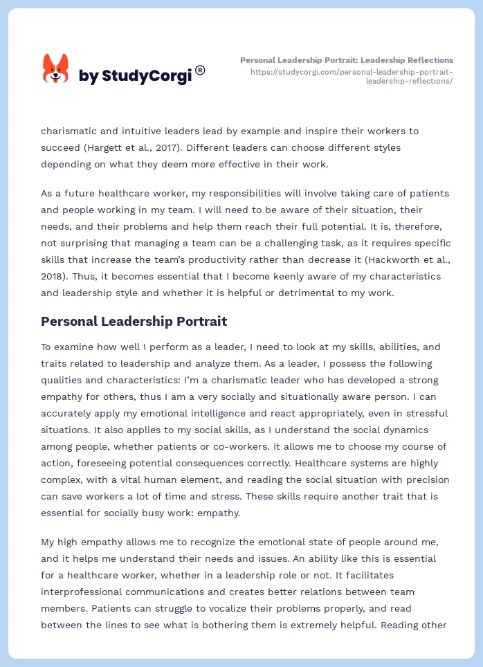 Personal Leadership Portrait: Leadership Reflections. Page 2