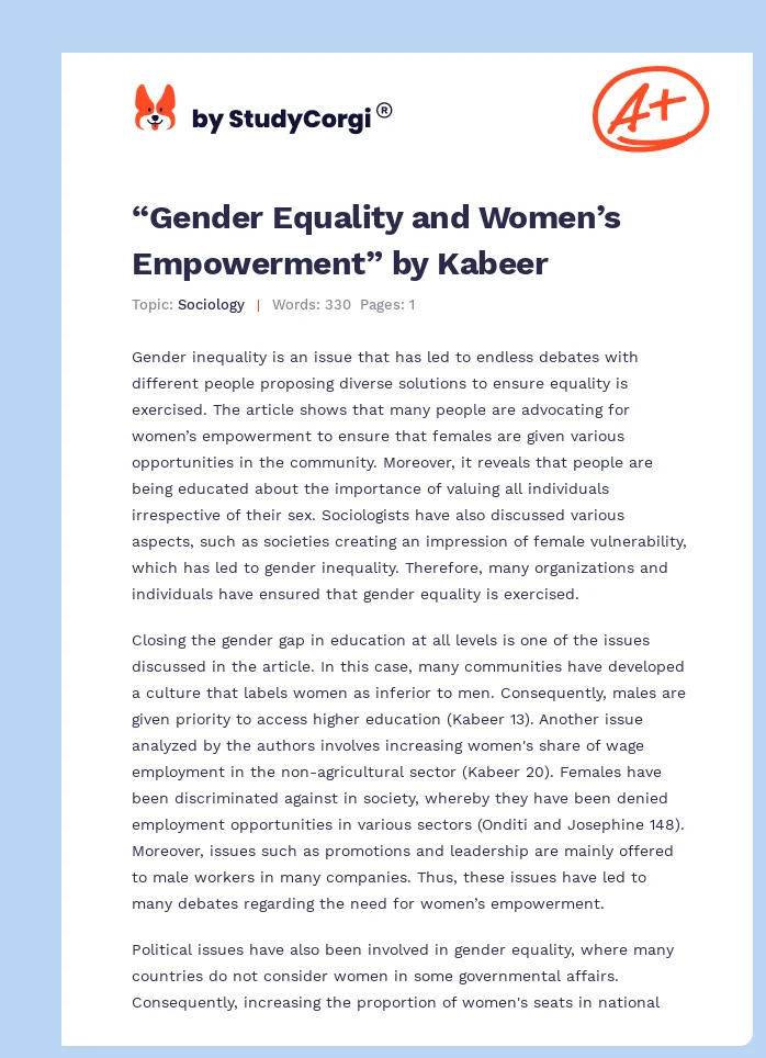 gender equality and women's empowerment essay brainly