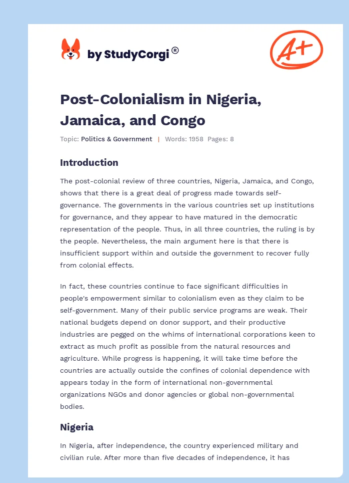 Post-Colonialism in Nigeria, Jamaica, and Congo. Page 1