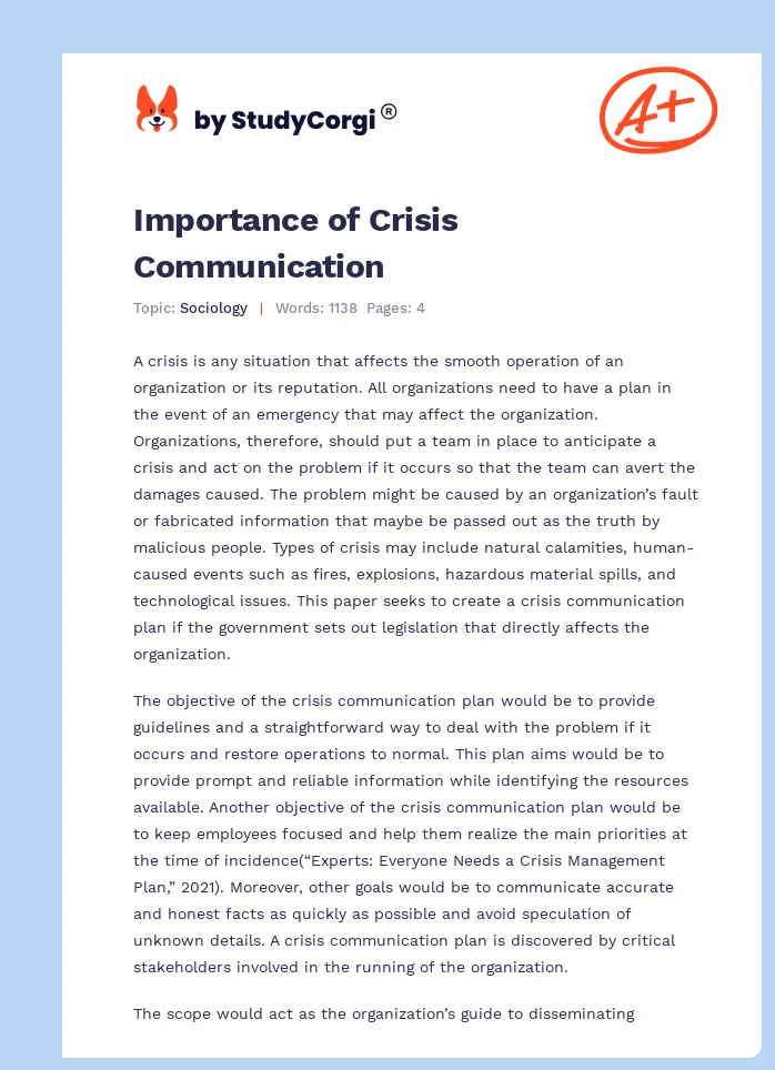 Importance of Crisis Communication. Page 1