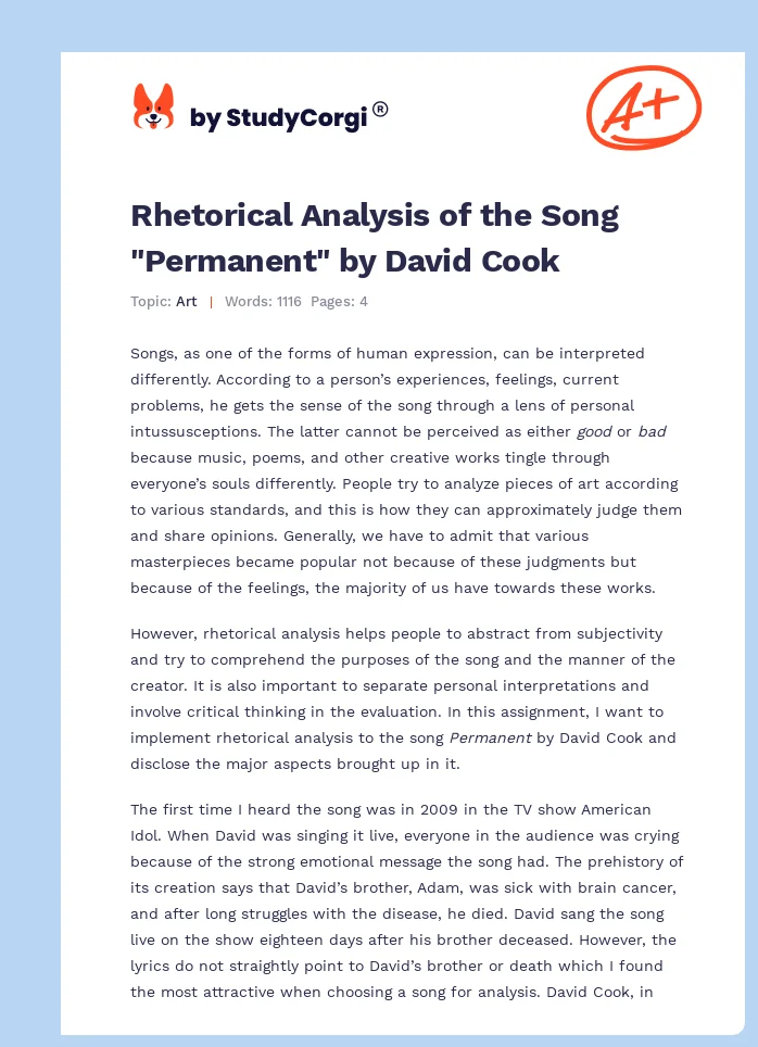Rhetorical Analysis of the Song "Permanent" by David Cook. Page 1