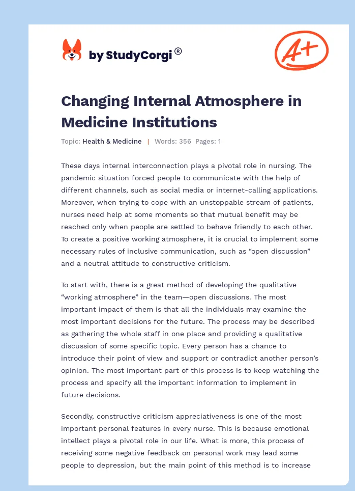Changing Internal Atmosphere in Medicine Institutions. Page 1
