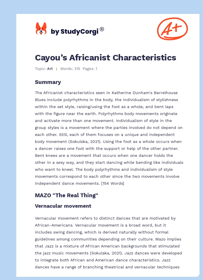Cayou’s Africanist Characteristics. Page 1