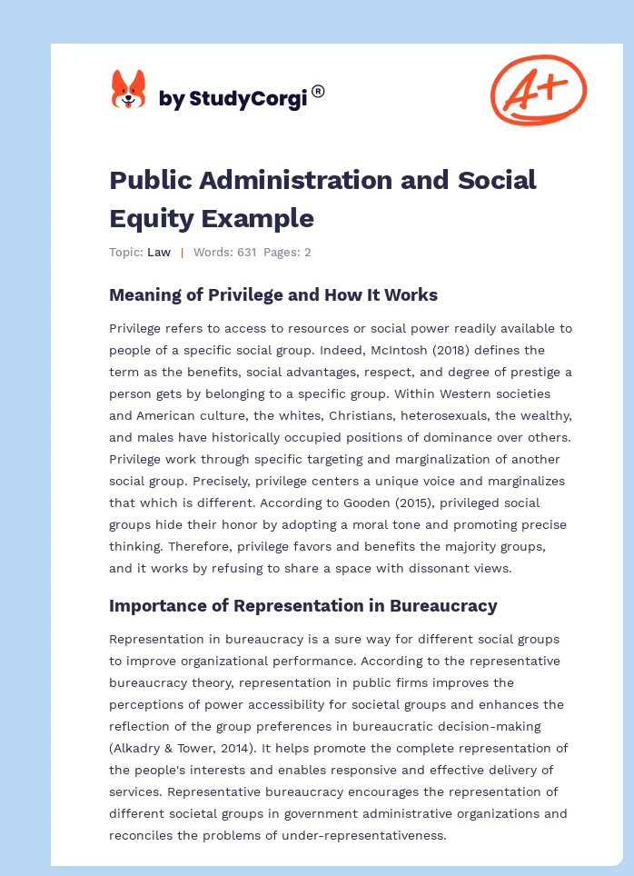 Public Administration and Social Equity Example. Page 1