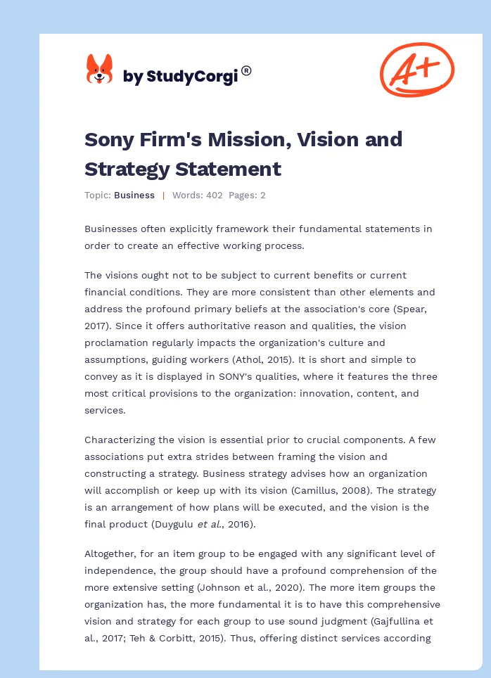 Sony Firm's Mission, Vision and Strategy Statement. Page 1