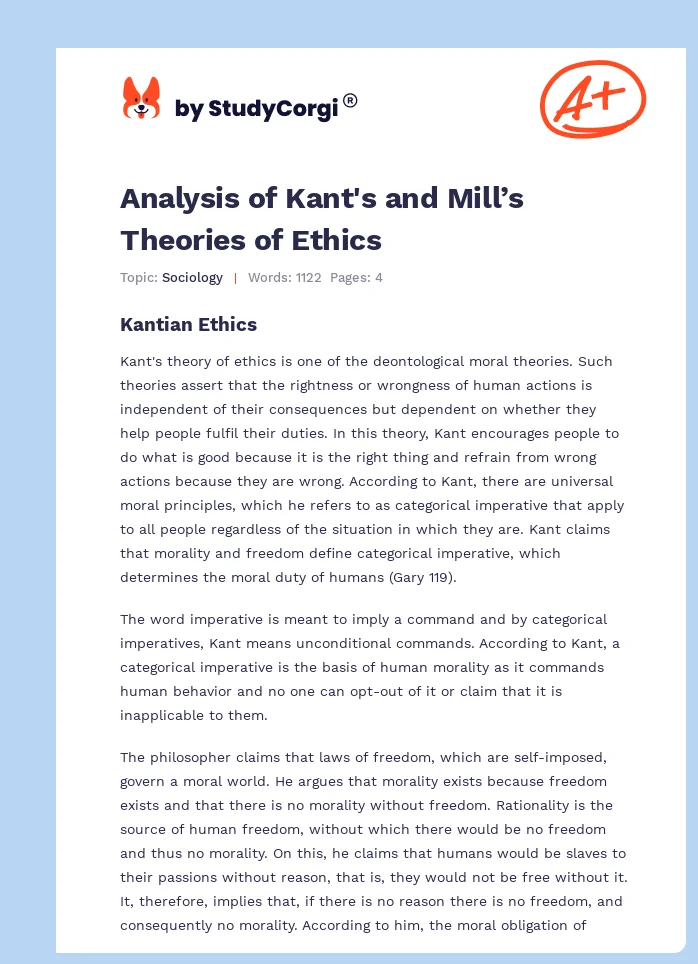 Analysis of Kant's and Mill’s Theories of Ethics. Page 1