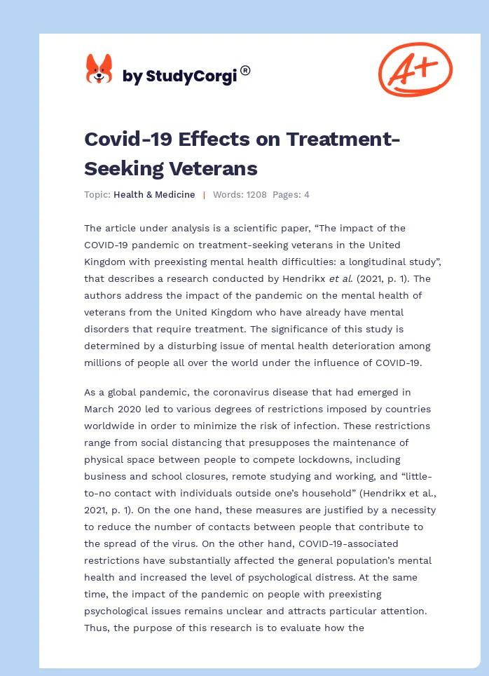 Covid-19 Effects on Treatment-Seeking Veterans. Page 1