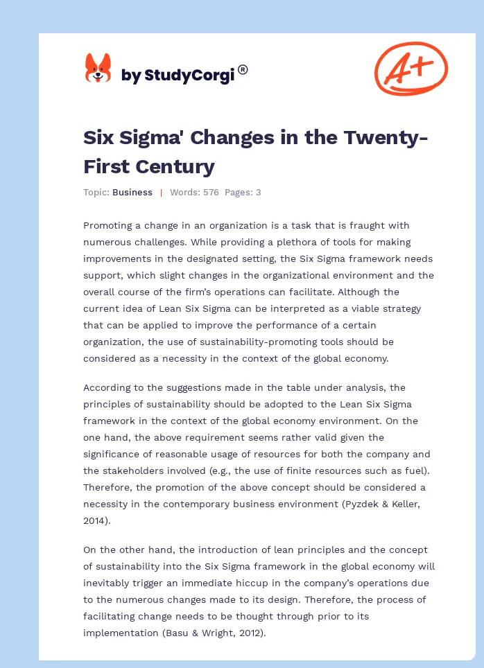 Six Sigma' Changes in the Twenty-First Century. Page 1