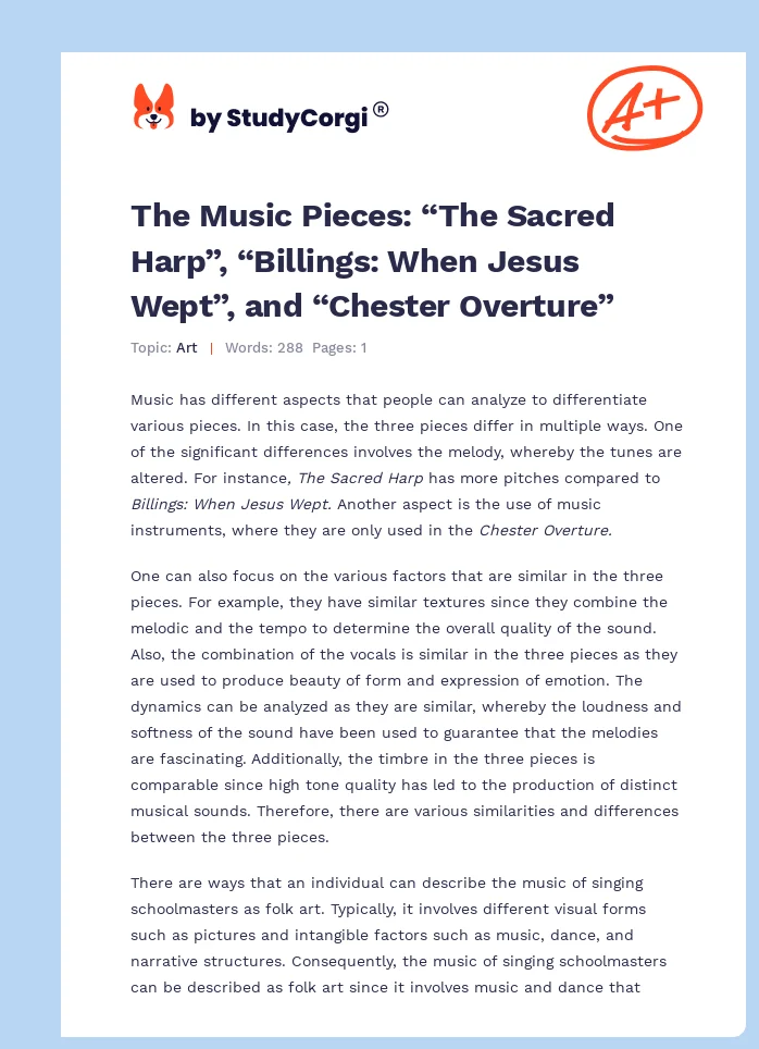 The Music Pieces: “The Sacred Harp”, “Billings: When Jesus Wept”, and “Chester Overture”. Page 1