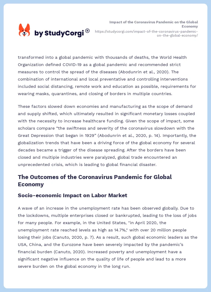Impact of the Coronavirus Pandemic on the Global Economy. Page 2