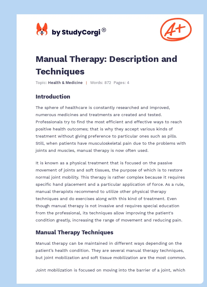 Manual Therapy: Description and Techniques. Page 1