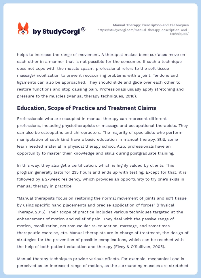 Manual Therapy: Description and Techniques. Page 2