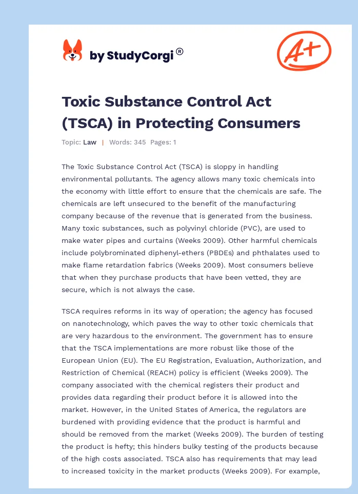 Toxic Substance Control Act (TSCA) in Protecting Consumers. Page 1