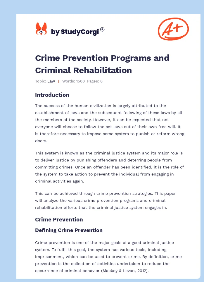 Crime Prevention Programs and Criminal Rehabilitation. Page 1