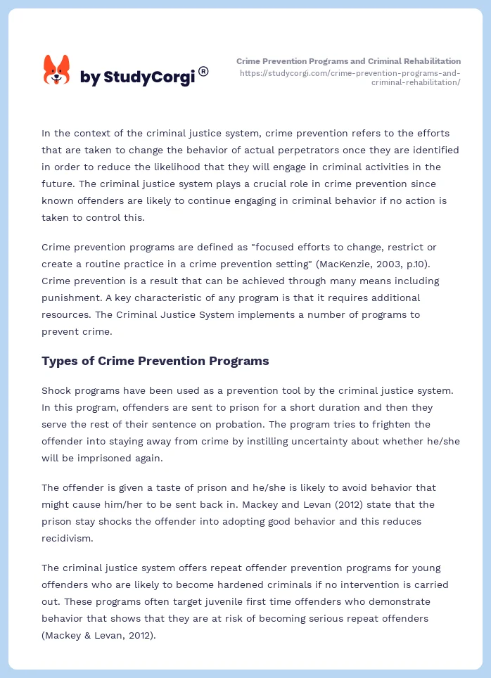 Crime Prevention Programs and Criminal Rehabilitation. Page 2