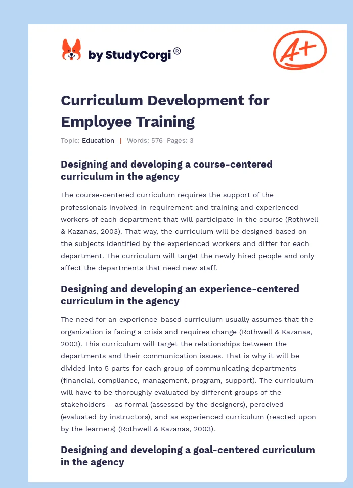 Curriculum Development for Employee Training. Page 1