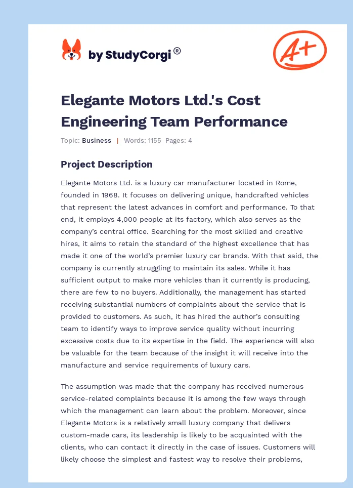 Elegante Motors Ltd.'s Cost Engineering Team Performance. Page 1