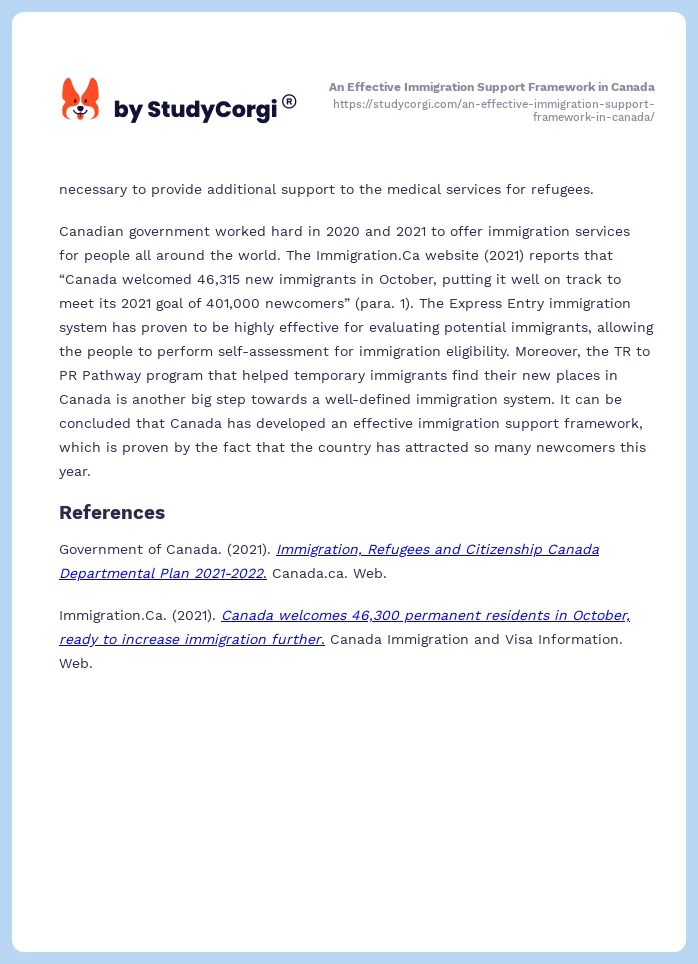 An Effective Immigration Support Framework in Canada. Page 2
