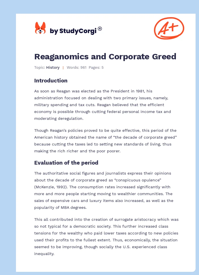 Reaganomics and Corporate Greed. Page 1