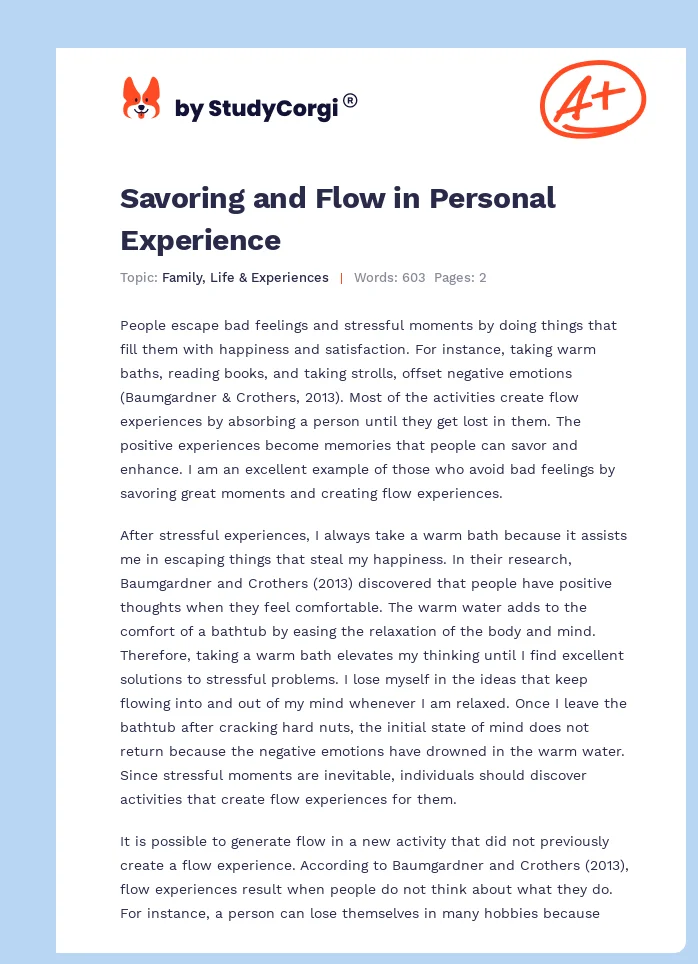 Savoring and Flow in Personal Experience. Page 1
