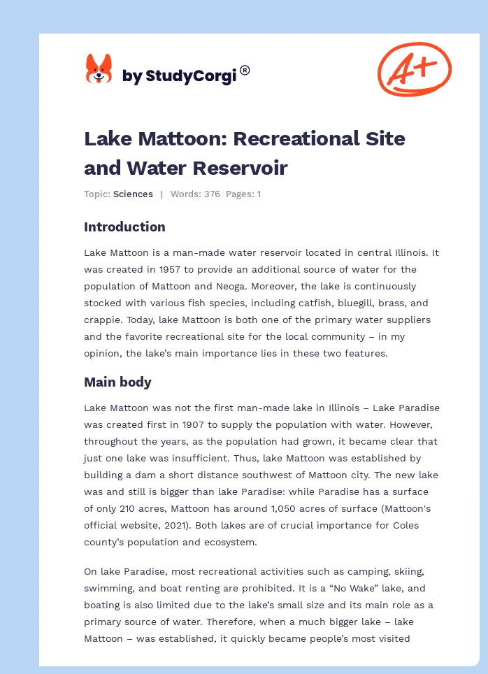 Lake Mattoon: Recreational Site and Water Reservoir. Page 1