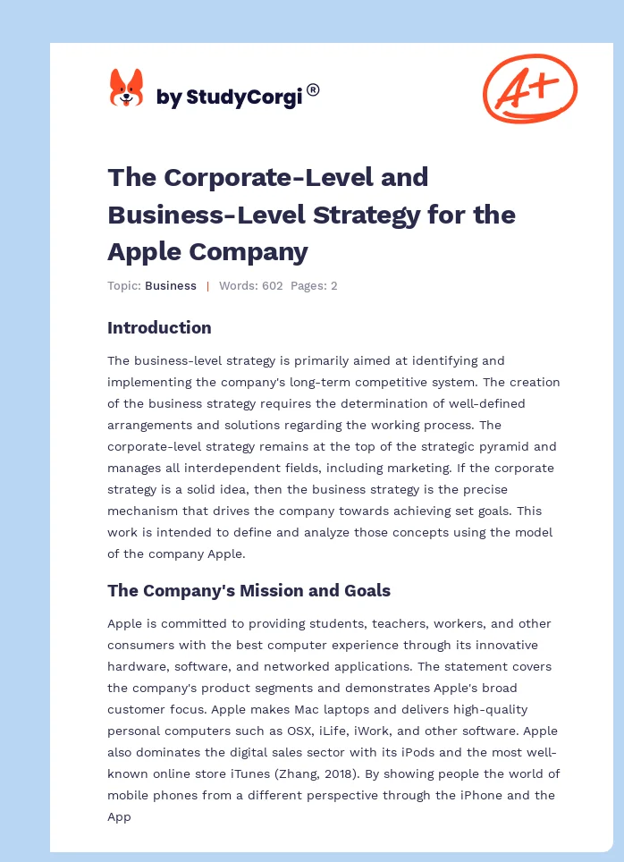 The Corporate-Level and Business-Level Strategy for the Apple Company. Page 1