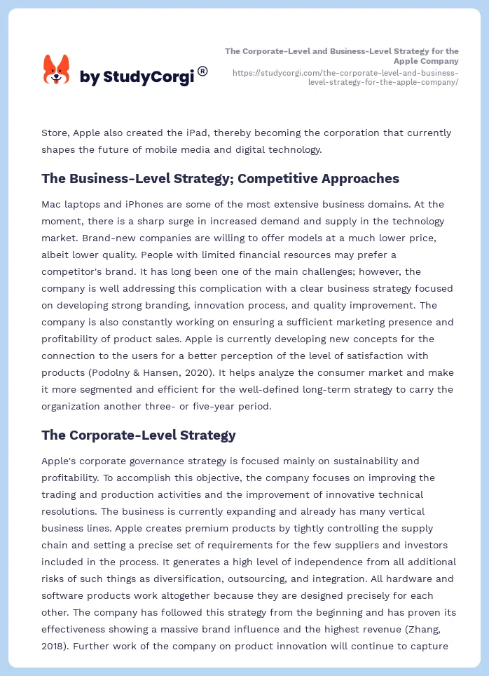 The Corporate-Level and Business-Level Strategy for the Apple Company. Page 2