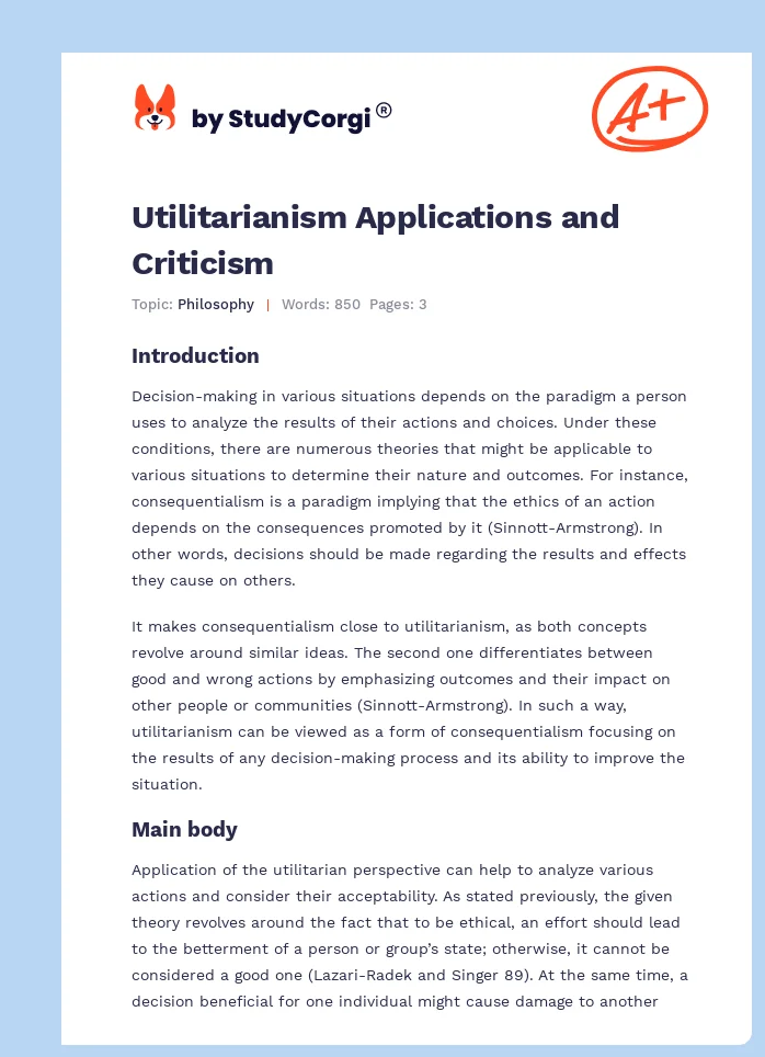 Utilitarianism Applications and Criticism. Page 1