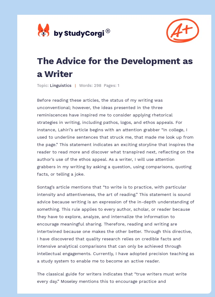 The Advice for the Development as a Writer. Page 1