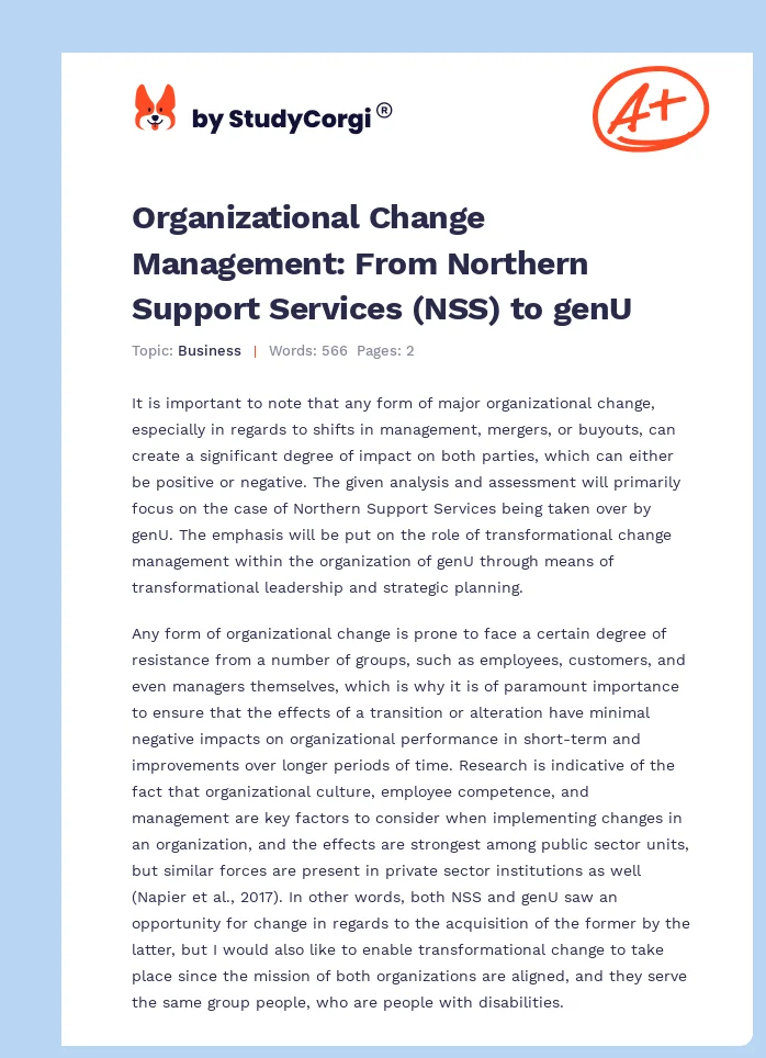 Organizational Change Management: From Northern Support Services (NSS) to genU. Page 1