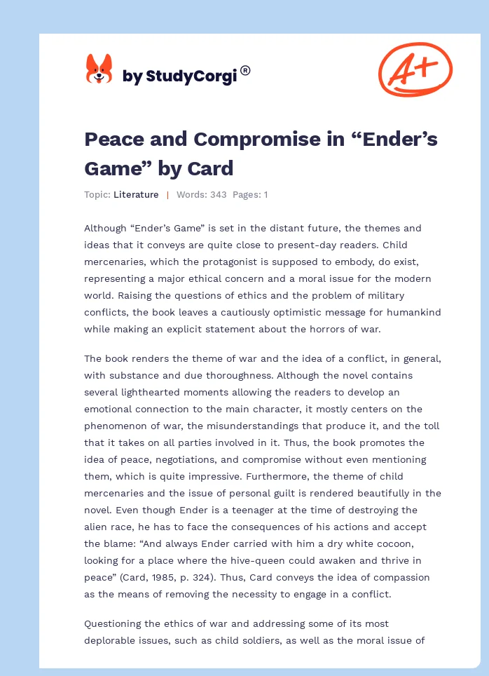 Peace and Compromise in “Ender’s Game” by Card. Page 1