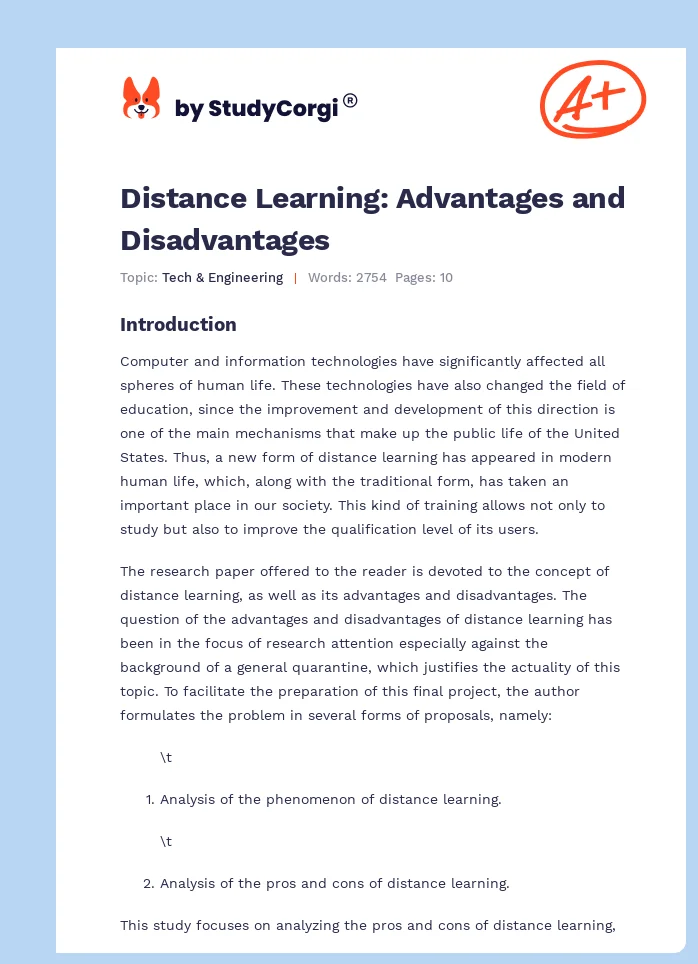 Distance Learning: Advantages and Disadvantages. Page 1