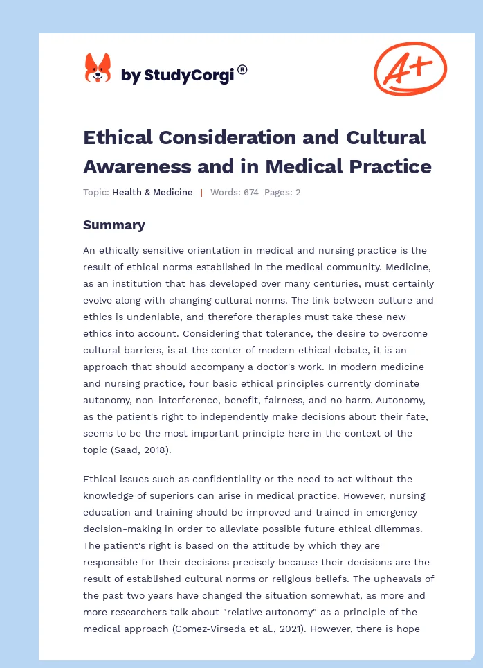 Ethical Consideration and Cultural Awareness and in Medical Practice. Page 1
