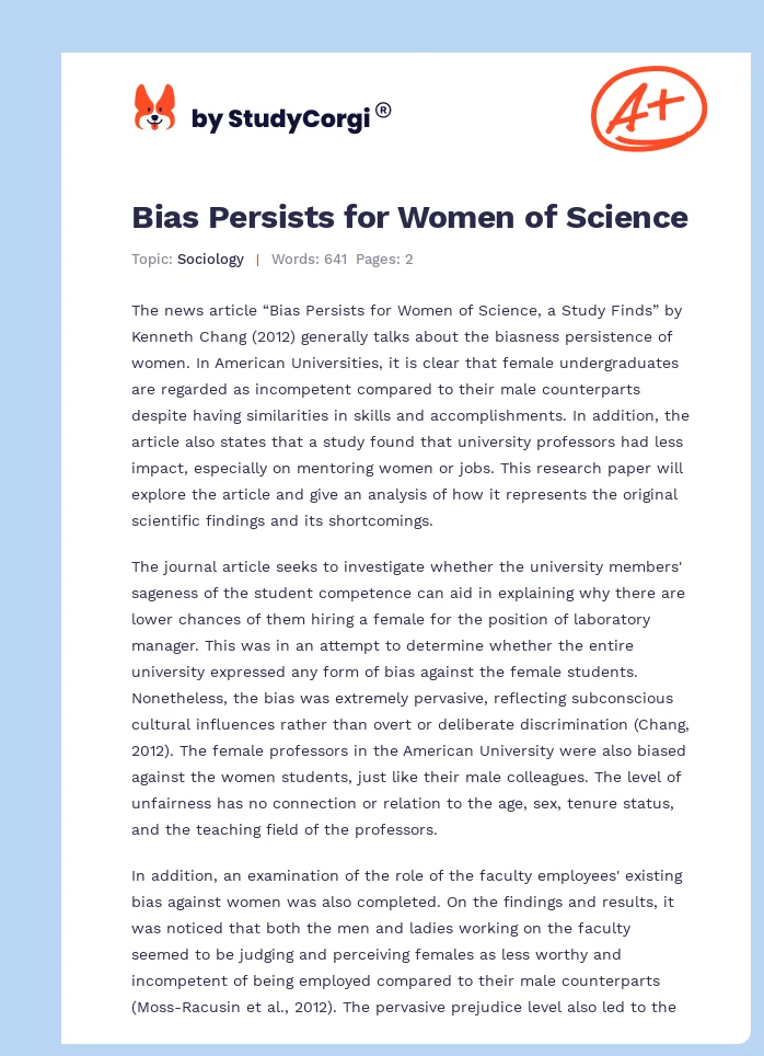 Bias Persists for Women of Science. Page 1