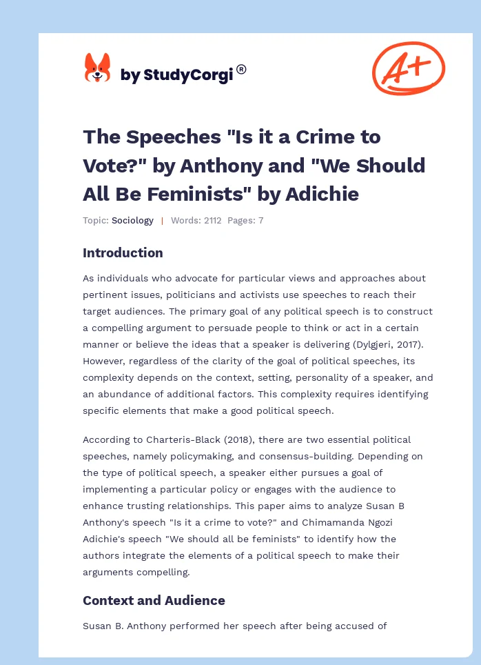 The Speeches "Is it a Crime to Vote?" by Anthony and "We Should All Be Feminists" by Adichie. Page 1