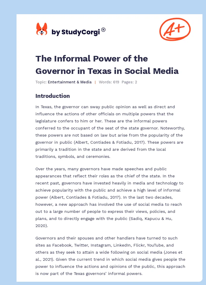 The Informal Power of the Governor in Texas in Social Media. Page 1