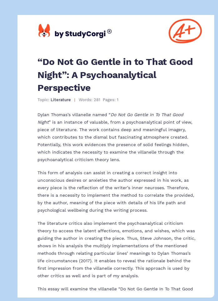 “Do Not Go Gentle in to That Good Night”: A Psychoanalytical Perspective. Page 1