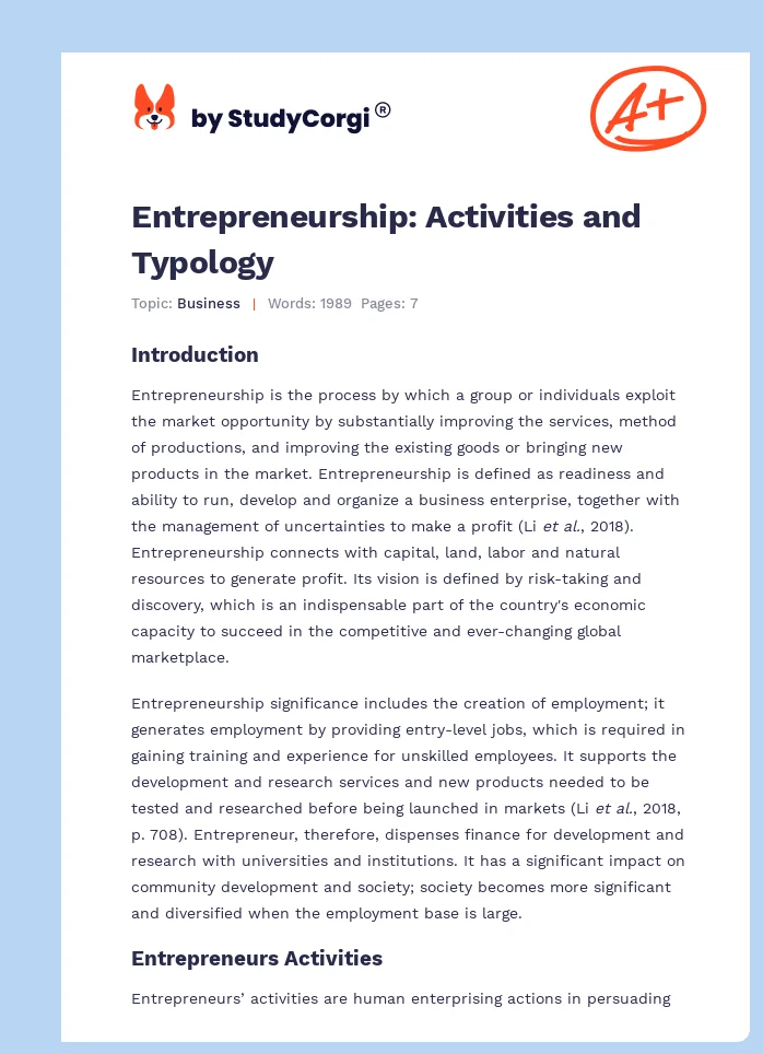 Entrepreneurship: Activities and Typology. Page 1