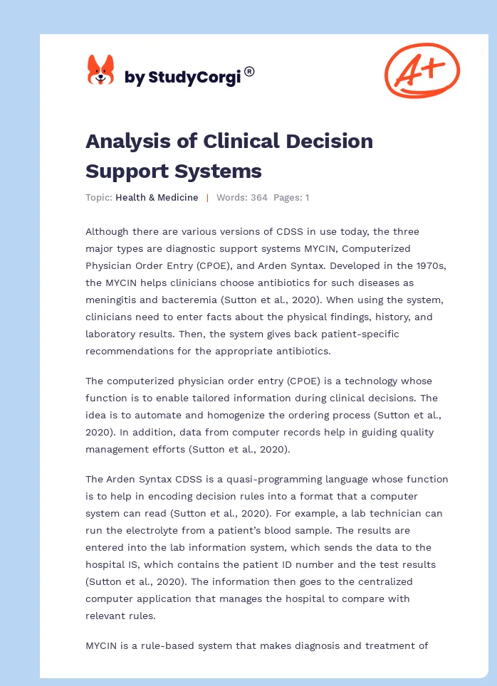 Analysis of Clinical Decision Support Systems. Page 1