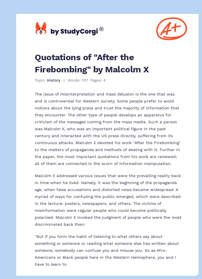 Quotations of "After the Firebombing" by Malcolm X. Page 1