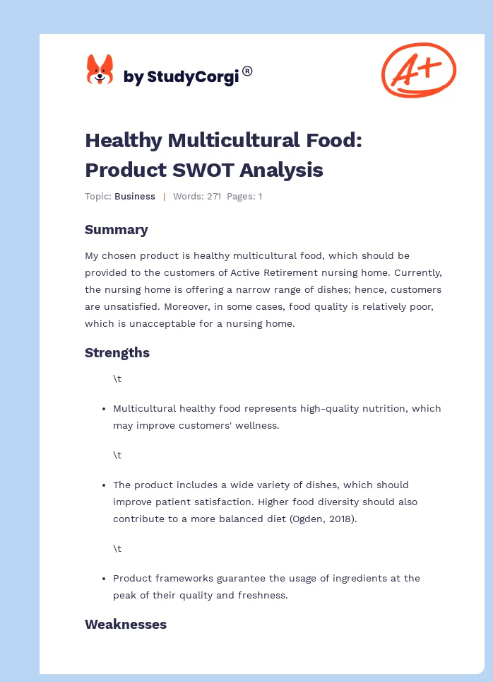 Healthy Multicultural Food: Product SWOT Analysis. Page 1