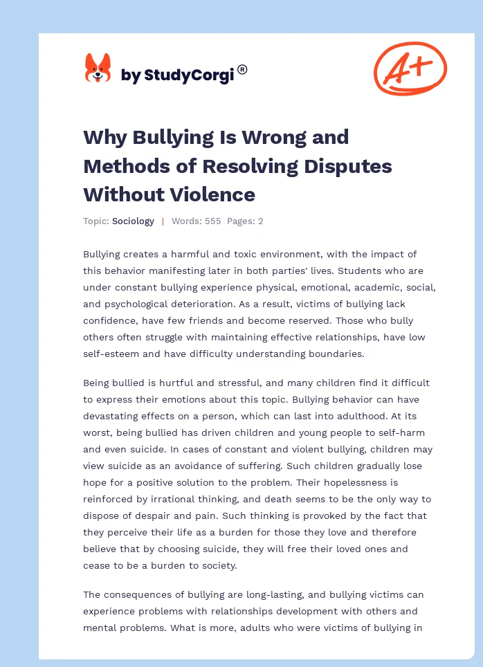 Why Bullying Is Wrong and Methods of Resolving Disputes Without Violence. Page 1