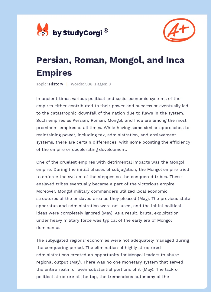 Persian, Roman, Mongol, and Inca Empires. Page 1