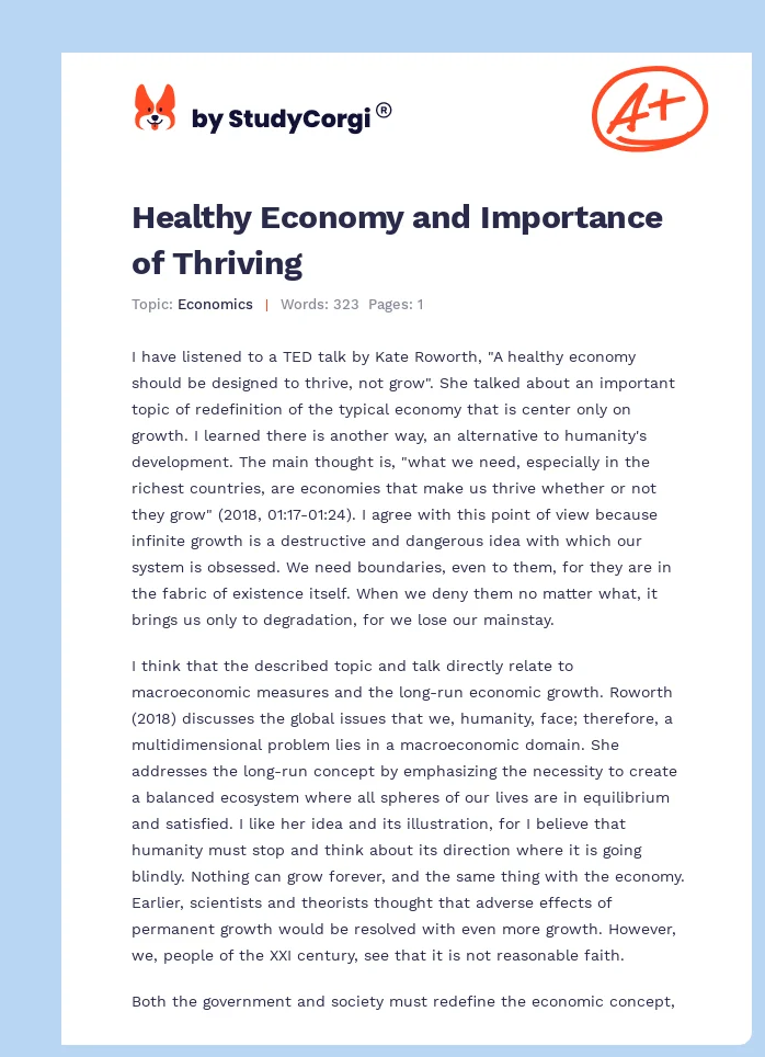 Healthy Economy and Importance of Thriving. Page 1