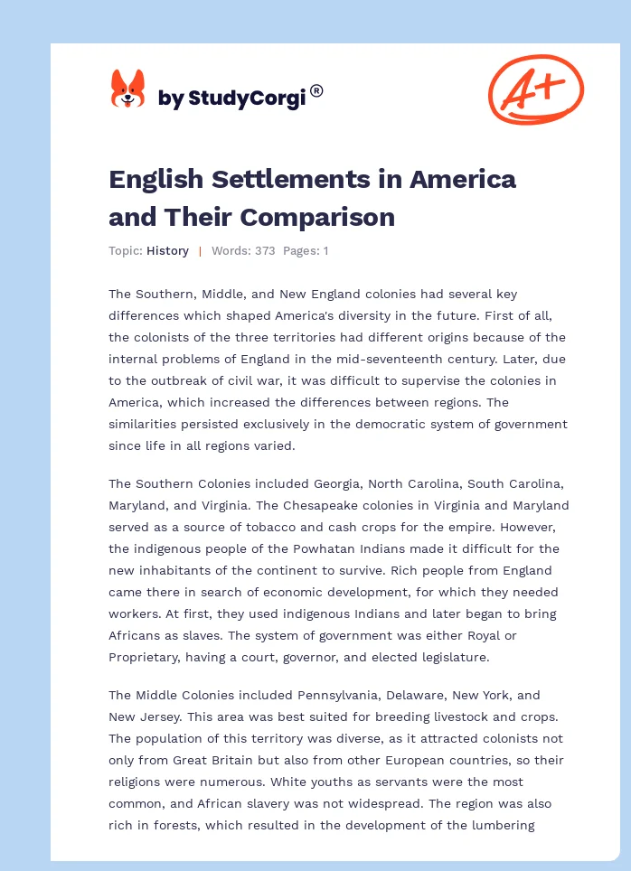 English Settlements in America and Their Comparison. Page 1