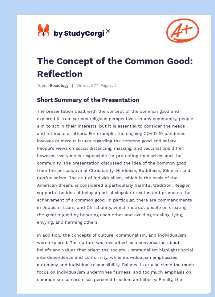 The Concept of the Common Good: Reflection. Page 1