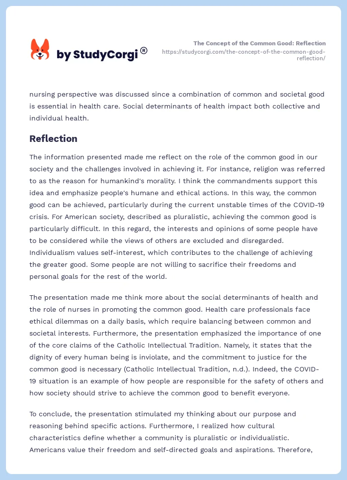 The Concept of the Common Good: Reflection. Page 2