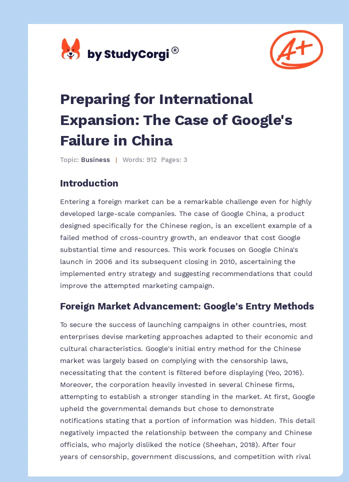 Preparing for International Expansion: The Case of Google's Failure in China. Page 1